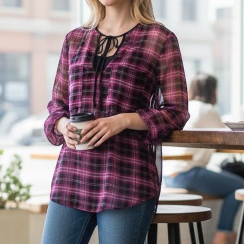 NWT Three Eighty Two Women Plaid Tunic Long Sleeve Tie Front Blouse XS to Small